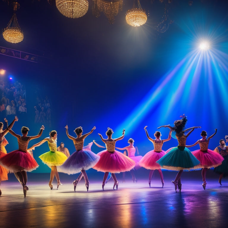 A vibrant illustration of a grand, dimly-lit theater, spotlight shining down on a diverse group of young dancers in colorful costumes, leaping and twirling across the stage.