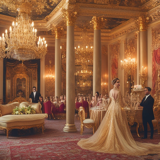 A lavish ballroom adorned with golden chandeliers, featuring models in flowing silk gowns and tailored velvet suits, surrounded by rich tapestries and ornate mirrors, exuding elegance and regal charm.