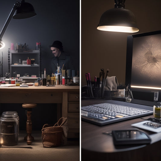 A split-screen image featuring a cluttered, dimly lit makeup station on one side, with scattered brushes and products, and a tidy, well-lit digital workspace on the other, with a tablet and stylus.