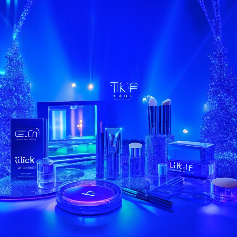 A vibrant, neon-lit stage with a giant, glowing TikTok logo and E.L.F. Cosmetics' signature blue and white color scheme, surrounded by makeup brushes, glittering eyeshadows, and spotlights shining bright.