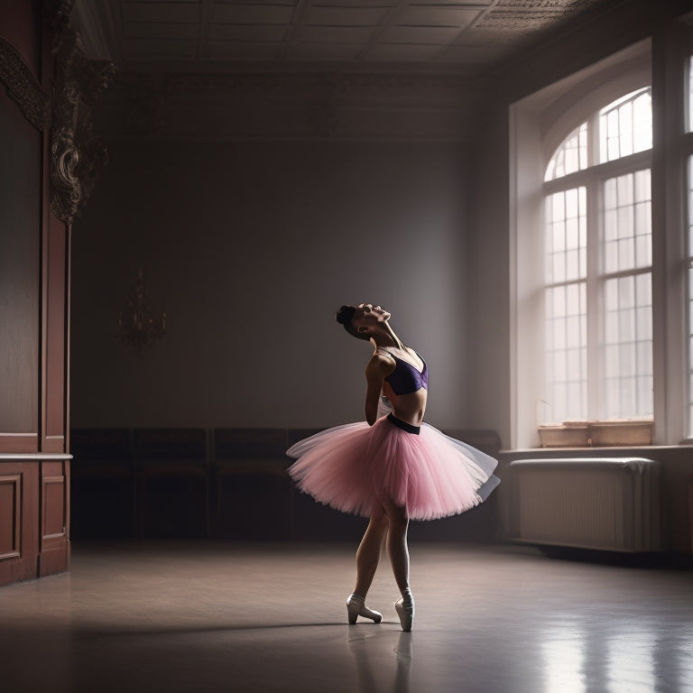 A serene, dimly lit dance studio with a lone ballet dancer, wearing a soft pink tutu and supportive sneakers, standing in arabesque pose, with a subtle hint of foot pain.