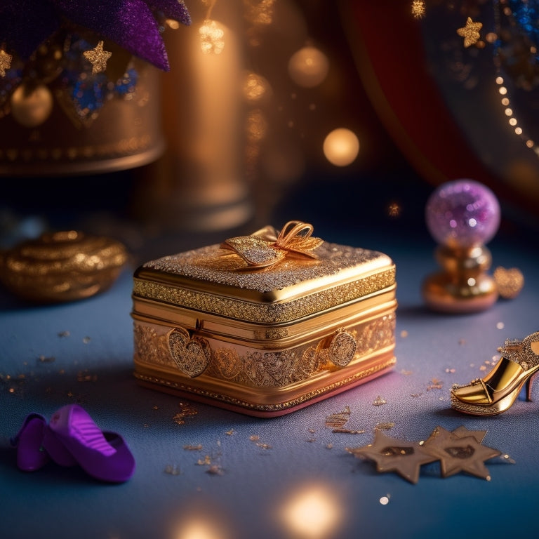 A golden, ornate box with a delicate latch, adorned with tiny dance shoes and music notes, sits atop a soft, velvet background, surrounded by confetti and glittering stars.