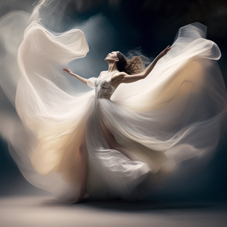 A dreamy, ethereal illustration of a dancer in flowing, diaphanous attire, surrounded by swirling, abstract shapes and wispy lines, as if their movements are manipulating the air around them.