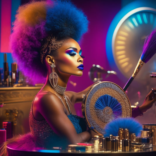 A vibrant, colorful image featuring a jazz dancer in mid-pose, surrounded by makeup brushes, mirrors, and jazz-inspired accessories, with a blurred background of a dance studio or stage.