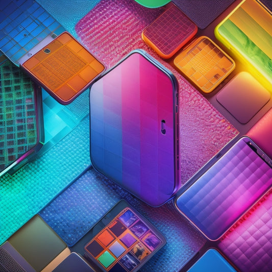 A vibrant, abstract composition featuring a sprawling grid of smartphone screens, each displaying a visually striking image, with bold colors and mesmerizing patterns, against a dark, gradient background.