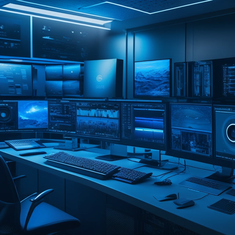 A futuristic, dark-blue desktop background with multiple video editing software windows open, showcasing various timelines, color correction panels, and video previews, surrounded by scattered film reels and cameras.