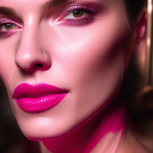 A close-up of a confident dancer's face, glistening with sweat, with vibrant eyeshadow and bold lip color still perfectly in place, surrounded by blurred dance studio lights and mirrors.