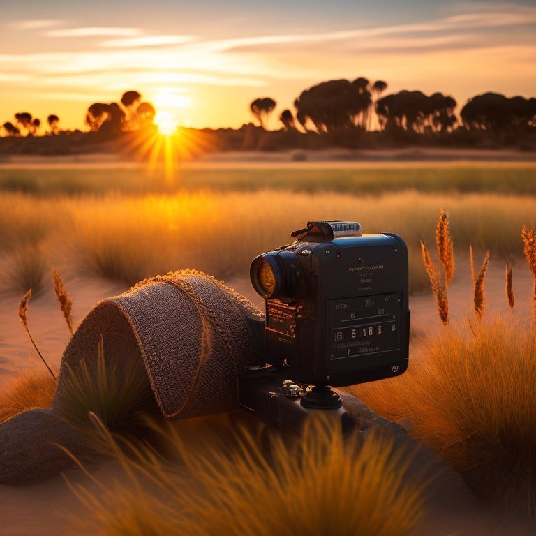 A cinematic landscape of Western Australia at sunset, with a film reel and director's clapperboard nestled among the spinifex grass, surrounded by iconic landmarks like the Pinnacles and Broome's Cable Beach.