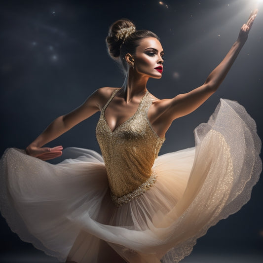 A graceful dancer in mid-pose, hair elegantly styled in a sleek bun adorned with sparkling hairpins, illuminated by soft stage lights, with flowing fabric of a vibrant costume contrasting against a dark background.