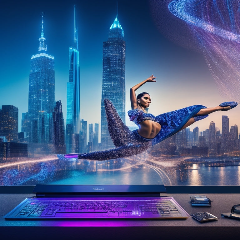 A stylized illustration of a dancer surrounded by swirling digital patterns, laptops, and tablets, with a cityscape or theater in the background, conveying innovation and fusion of dance and technology.