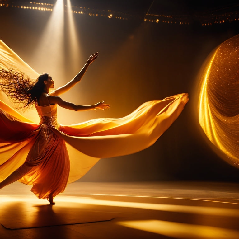 A warm, golden-lit studio with a dancer in motion, surrounded by swirling fabric and abstract shapes, conveying freedom and joy, with a subtle glow of digital screens in the background.