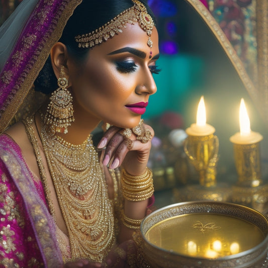 A Indian bride sits in front of a ornate, gold-framed mirror, adorned with intricate henna designs on her hands, surrounded by an array of vibrant makeup products and sparkling jewelry.