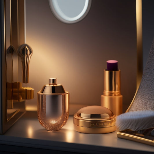 A stylized, golden keyhole with a miniature beauty product shelf reflected in its center, surrounded by subtle makeup brush strokes and soft, glowing lighting.