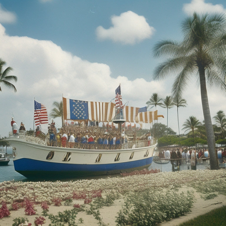 A vibrant, sun-kissed scene: a parade float adorned with American flags, glittering makeup-clad performers waving to crowds, surrounded by Pearl Harbor's historic naval ships and tropical palm trees.
