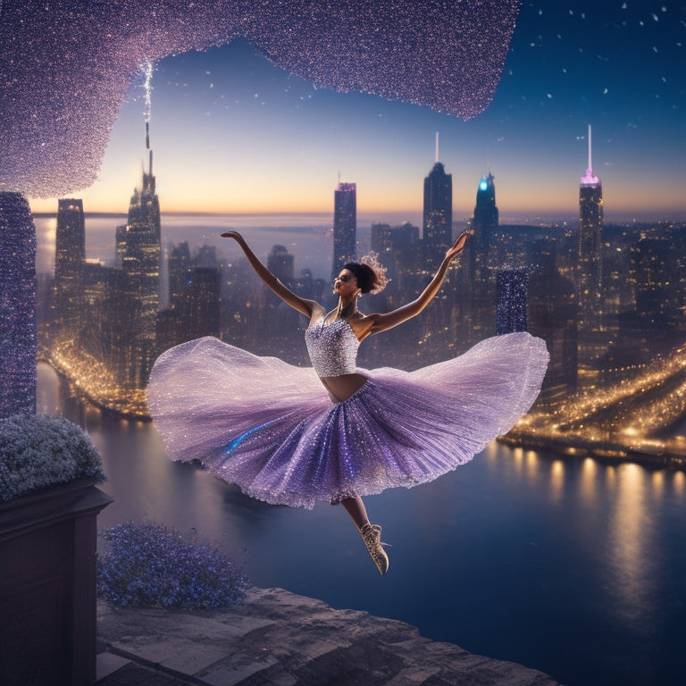 A whimsical illustration featuring a dancer in mid-air, surrounded by swirling ribbons of music notes, sparkling stars, and fragmented mirrors, with a subtle cityscape at dusk in the background.