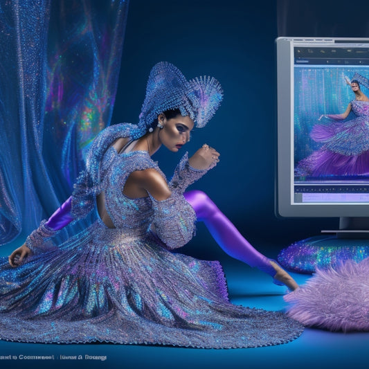 A shimmering, iridescent background with a 3D computer-aided design (CAD) model of a dancer in a flowing, intricately patterned costume, surrounded by digital fabric swatches and virtual sewing tools.