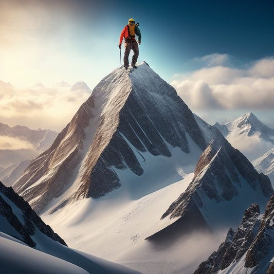 A stylized illustration of a mountain climber standing triumphantly atop a snow-capped peak, with a subtle gear or machinery system integrated into the mountain's terrain, symbolizing peak performance.