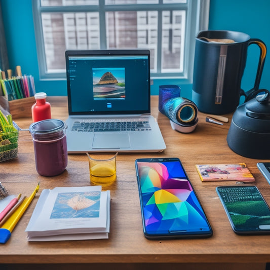 A modern, organized desk with a laptop, tablet, and smartphone, surrounded by colorful art supplies, with a cup of coffee and a few inspirational art books in the background.