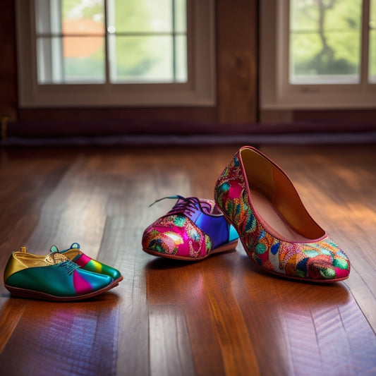 A pair of stylish wide toe box dance shoes on a polished wooden floor, surrounded by colorful dance fabrics and a mirror reflecting graceful dance poses, highlighting comfort and elegance for wide-footed dancers.