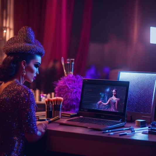 A glamorous, dimly lit backstage area with scattered makeup brushes, glittering eyeshadows, and open laptops displaying dance-inspired makeup tutorials, surrounded by spotlights and sparkling dance costumes.