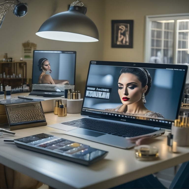 An illustration of a dancer in a studio, surrounded by mirrors and bars, with a laptop open on a nearby table, showing a makeup tutorial on the screen, with brushes and products scattered around.