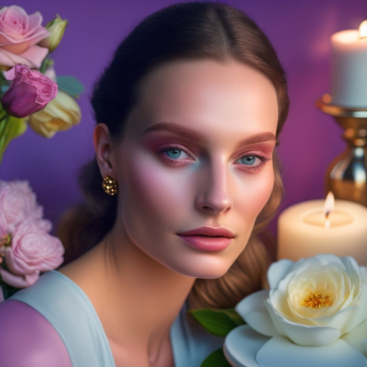 A delicate, porcelain-skinned woman with a subtle, ethereal glow, surrounded by soft, pastel-hued flowers and candles, with a few strategically placed, shimmering makeup products in the foreground.