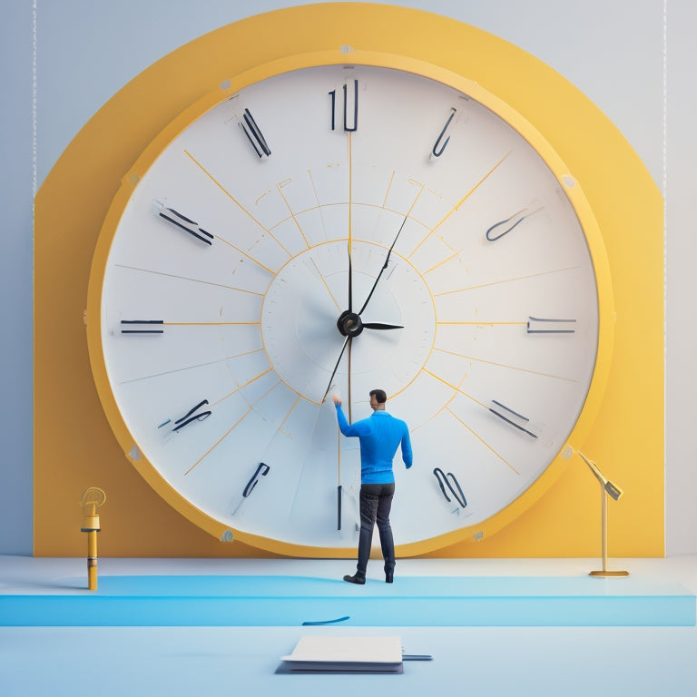 A minimalist illustration featuring a person standing in front of a large, blank calendar, holding a pencil and surrounded by scattered clocks, gears, and rising arrows, set against a bright, sunny background.