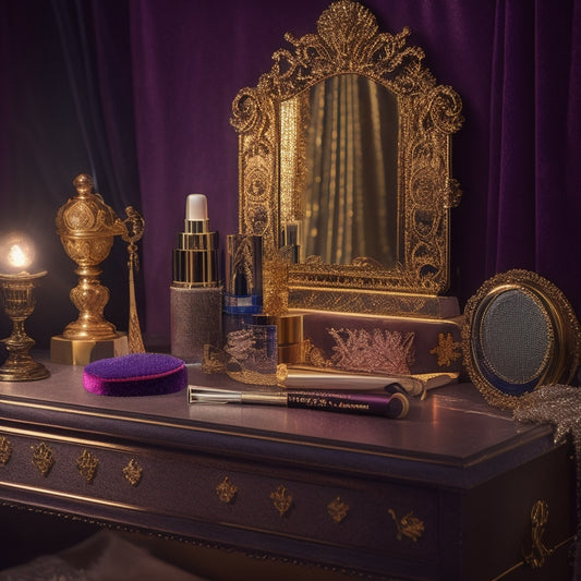 A dimly lit, ornate vanity table with a velvet cloth, adorned with an assortment of stage makeup products, brushes, and applicators, surrounded by soft, golden stage lights and a few subtle, sequined fabric scraps.