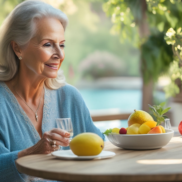 A serene woman in her 50s, surrounded by lush greenery, holding a vibrant fruit bowl and a glass of water, with a calming warm light and gentle shadows, conveying relaxation and wellness.