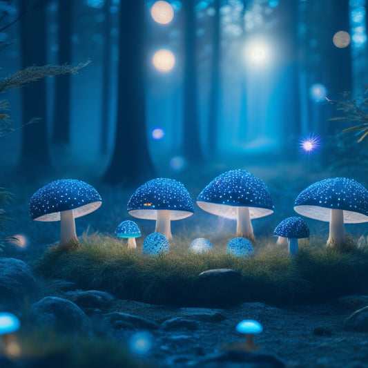 A whimsical, moonlit forest clearing with three glowing, iridescent mushrooms, each wearing tiny top hats and holding canes, surrounded by swirling, shimmering mist and twinkling fireflies.