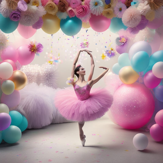 A whimsical illustration of a ballerina surrounded by colorful balloons, confetti, and party hats, amidst a backdrop of pastel-hued tutus and ballet slippers, with delicate ribbons and flowers.