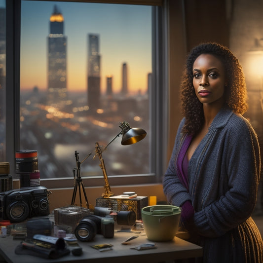 A confident woman, spotlight shining on her, stands in a dimly lit studio surrounded by art supplies, musical instruments, and a camera, with a cityscape at dusk visible through a large window behind her.