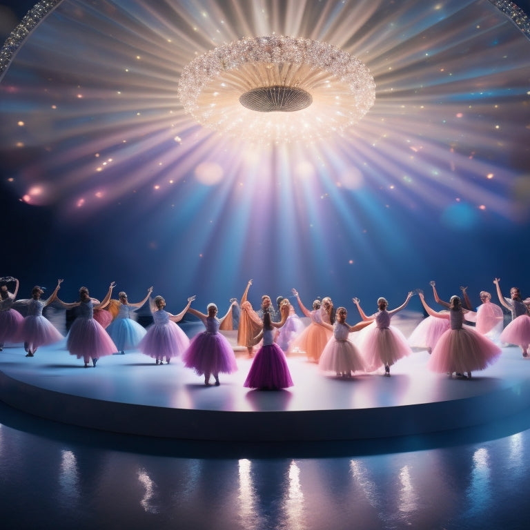 A whimsical illustration of a dark stage illuminated by a kaleidoscope of spotlights, surrounded by fluttering tutus in various pastel hues, as if suspended in mid-air, frozen in elegant motion.