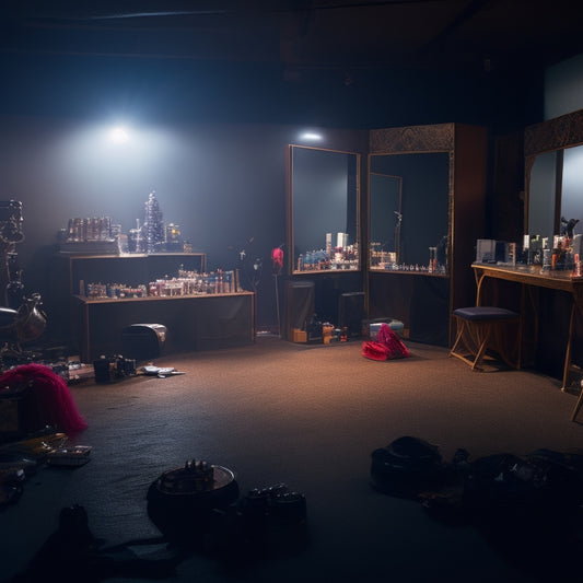 A dimly lit dance studio with a lone adult dancer in the center, surrounded by scattered makeup products, broken mirrors, and torn up dance costumes, with a faint spotlight shining down.