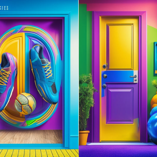 A colorful, energetic illustration of customized door signs for sports teams and dance teams, featuring a mix of sports equipment, dance gear, and vibrant colors, against a bright, gradient background.