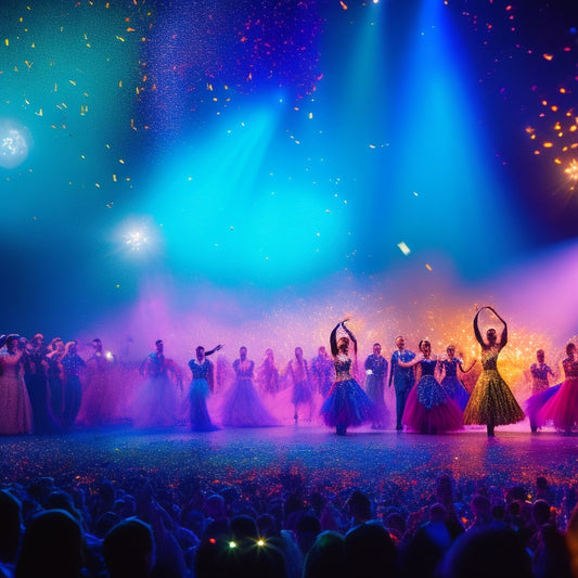 A vibrant, dimly lit stage with a grand, velvet curtain pulled back, revealing a sea of dancers in sparkling costumes, frozen in dramatic poses, surrounded by swirling spotlights and confetti.