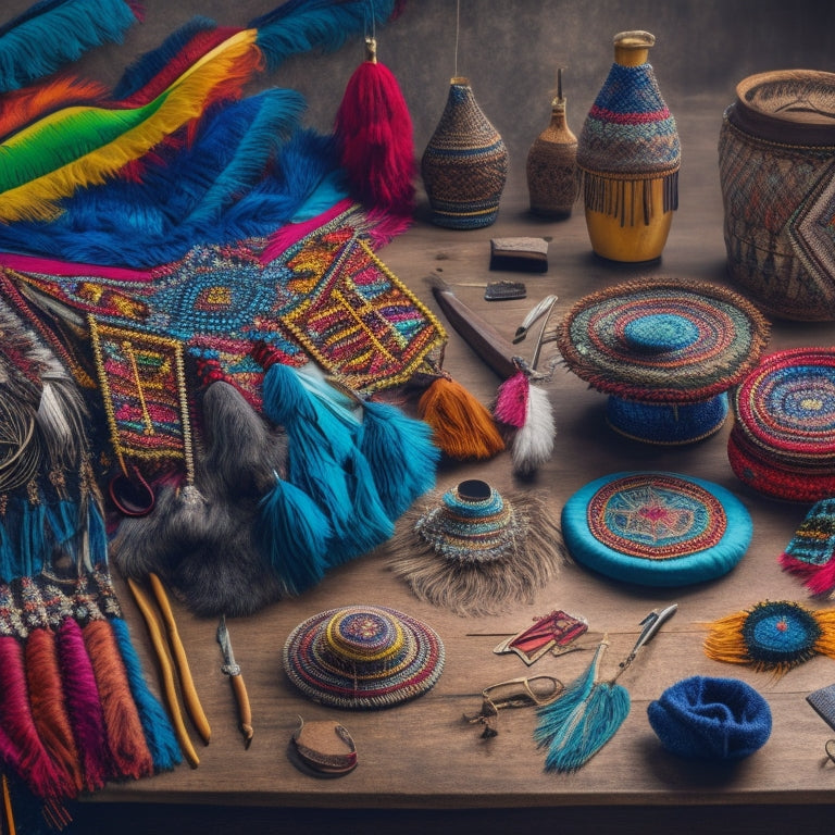 A colorful illustration of various Native American regalia pieces, including intricately beaded vests, feathered headdresses, and fringed shawls, surrounded by traditional crafting tools and materials.