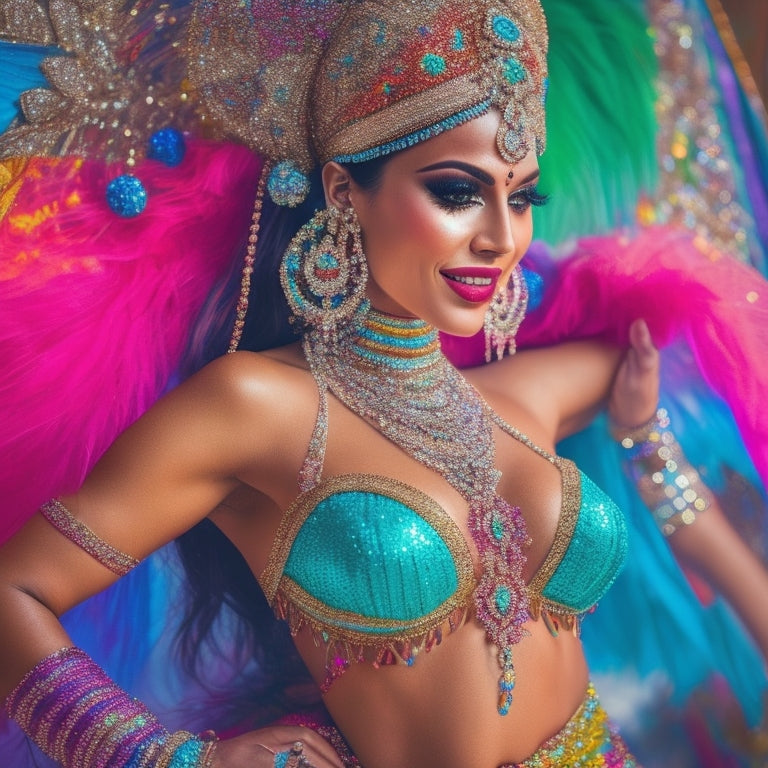 A vibrant, sparkling belly dancer in a lavish, intricately beaded and sequined costume, surrounded by a whirlwind of colorful fabrics, glitzy accessories, and shimmering coins.