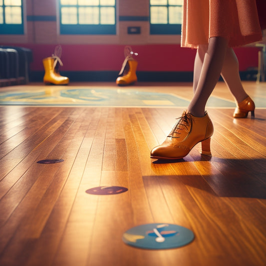 A whimsical illustration of a person in a dance studio, wearing tap shoes, standing on a laminate floor with wooden planks and a subtle shine, surrounded by scattered tap shoes and musical notes.