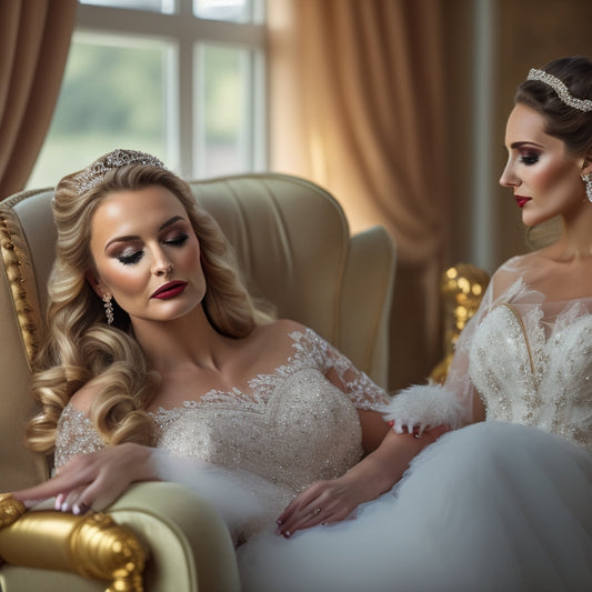 A serene, elegant bride sits in a plush, velvet-covered chair, surrounded by soft, golden lighting, with a hairstylist gently curling her locks and a makeup artist delicately applying eyeliner.