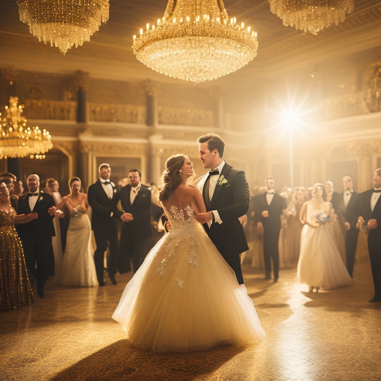 A warm, golden-lit ballroom with a grand chandelier, a bride and groom in elegant attire, swirling around the dance floor surrounded by blurred, joyful guests.