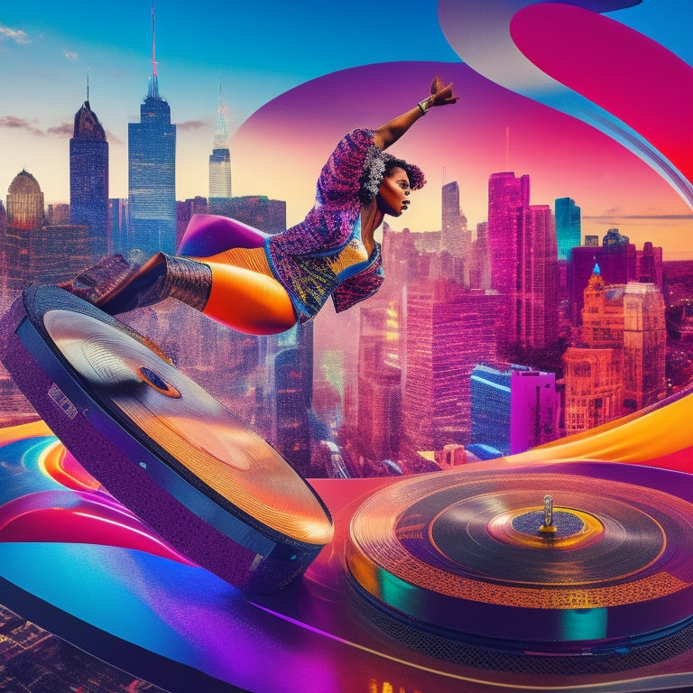 A dynamic illustration of a dancer in mid-air, surrounded by swirling vinyl records, turntables, and microphone fragments, with a cityscape or nightclub-inspired background, incorporating vibrant colors and bold lines.