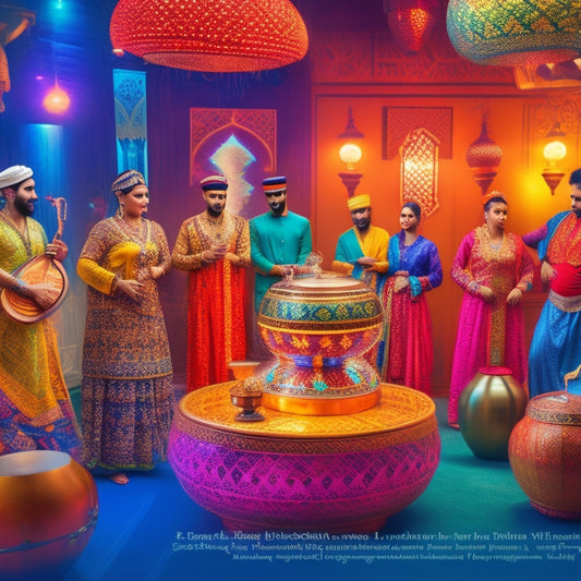 A vibrant illustration featuring a diverse group of people in a virtual dance studio, surrounded by Middle Eastern-inspired patterns and lanterns, moving to the rhythm of darbuka drums and oud music.