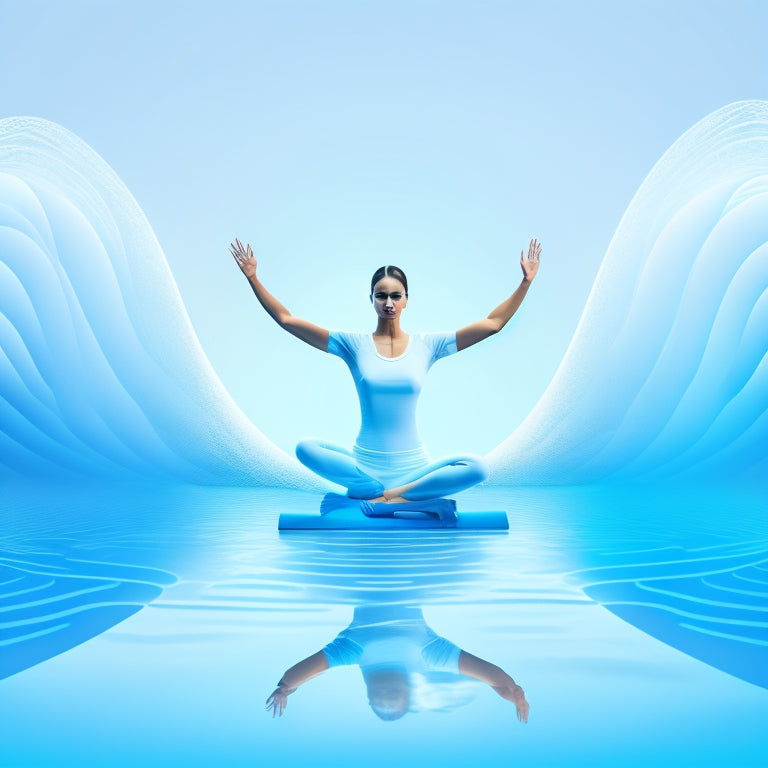 A serene, minimalist background with a subtle gradient of calming blues and whites, featuring a stylized illustration of a person in a flowing, dynamic yoga pose, surrounded by digital devices and swirling lines representing online connectivity.