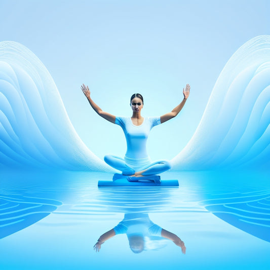A serene, minimalist background with a subtle gradient of calming blues and whites, featuring a stylized illustration of a person in a flowing, dynamic yoga pose, surrounded by digital devices and swirling lines representing online connectivity.