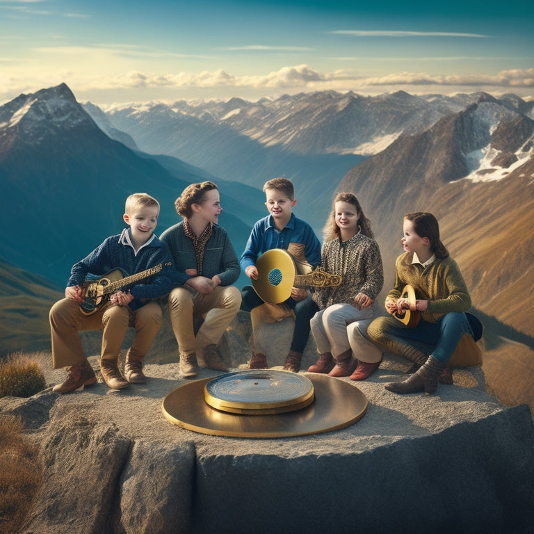 A golden record with a subtle Austrian Alps background, a family of seven (five children, two adults) standing on a mountain peak, holding guitars and smiling, with a faint music note trail leading up to the record.