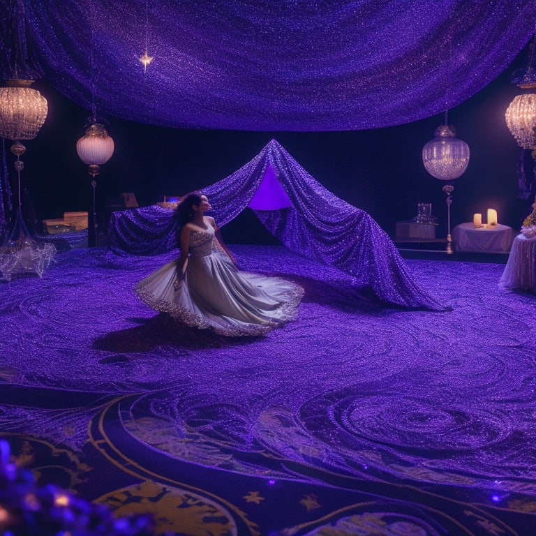 A whimsical, moonlit dance floor scene featuring a sprawling quilt with swirling patterns, glittering stars, and shimmering fabrics in shades of purple, silver, and gold, surrounded by dancing silhouettes.