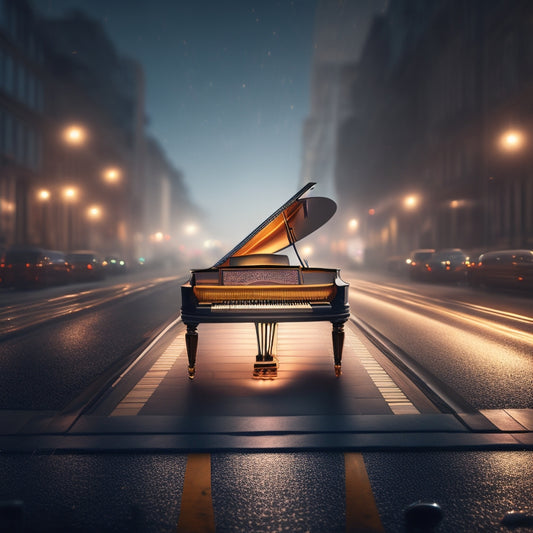 An illustration of a grand piano keyboard merging with a road, surrounded by musical notes and staffs, with a subtle glow of light bulbs and computer screens in the background.