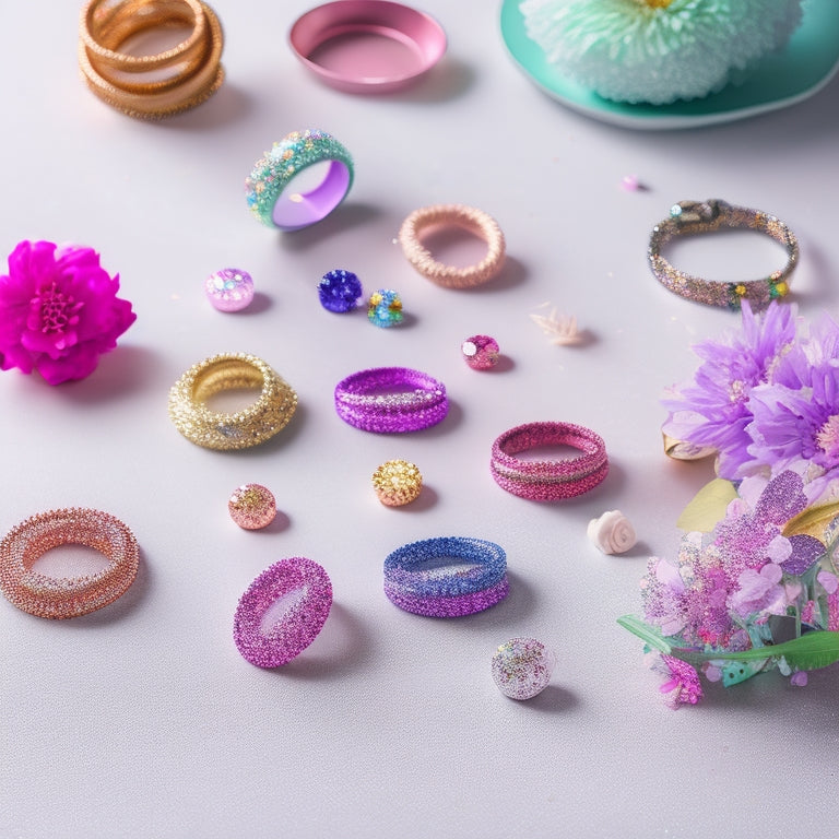 A stylish flat lay of colorful sparkly hair ties, showcasing various textures and glitter, arranged on a marble surface with delicate floral accents and soft lighting to enhance their shimmer and elegance.