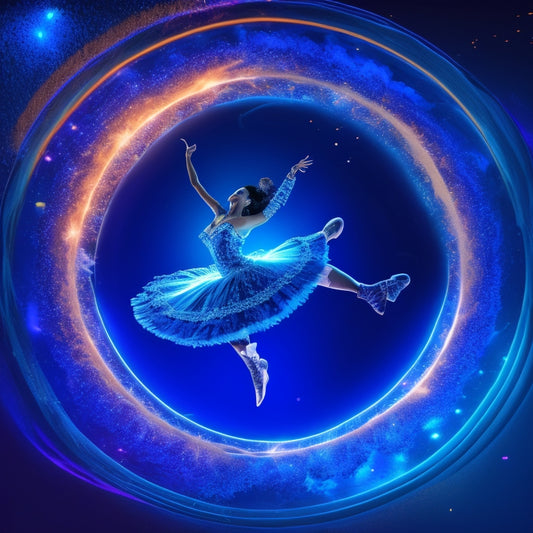 A stylized illustration of a dancer in mid-air, surrounded by swirling musical notes, with three circular plugins orbiting around them, each emitting a different colored glow, against a dark blue background.